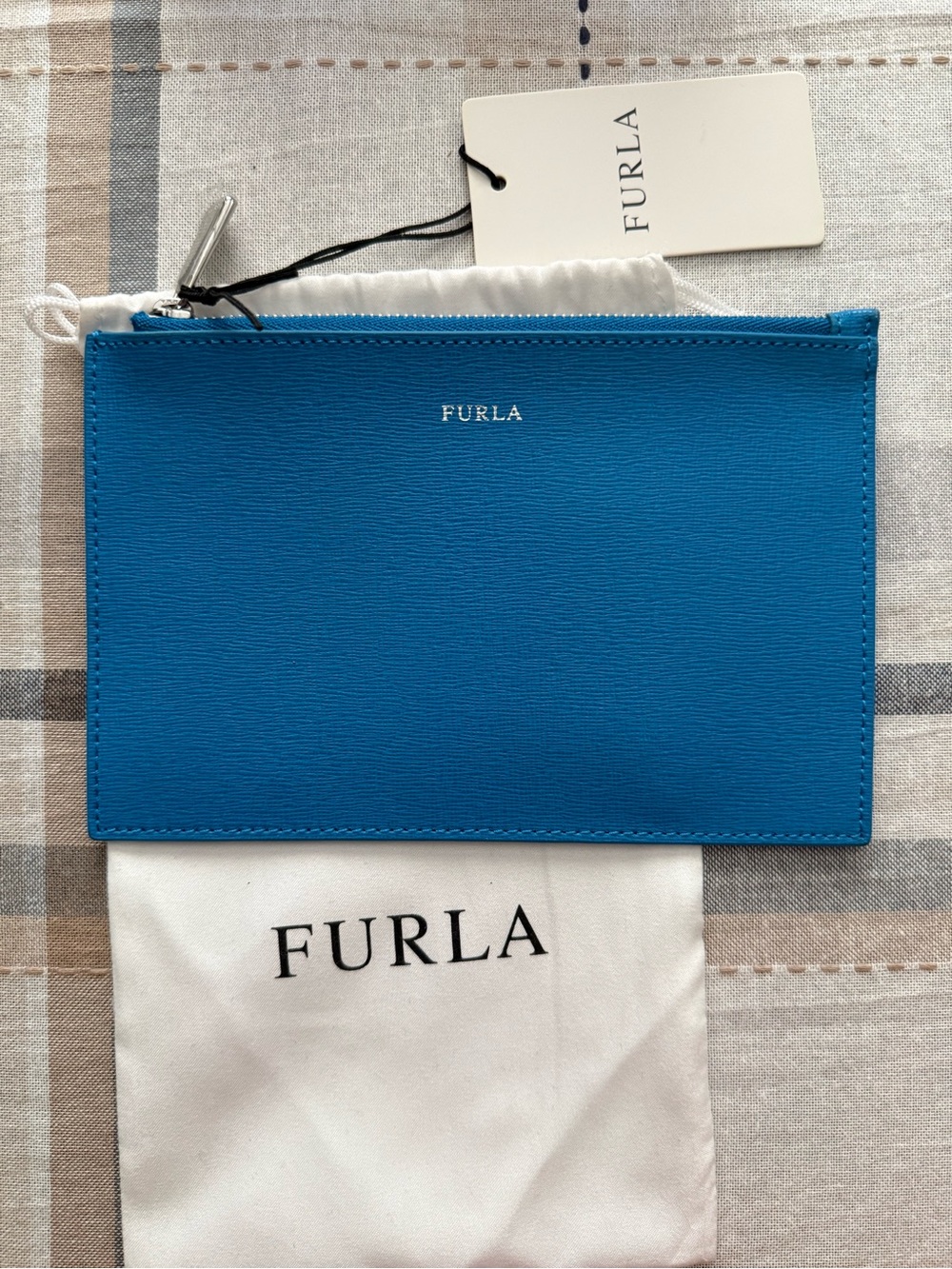 Furla Saffiano Zip Pouch in Cerulean Turquoise Blue